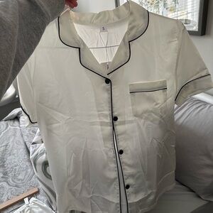 Elegant Women's Ivory Pajama Top with Black Piping